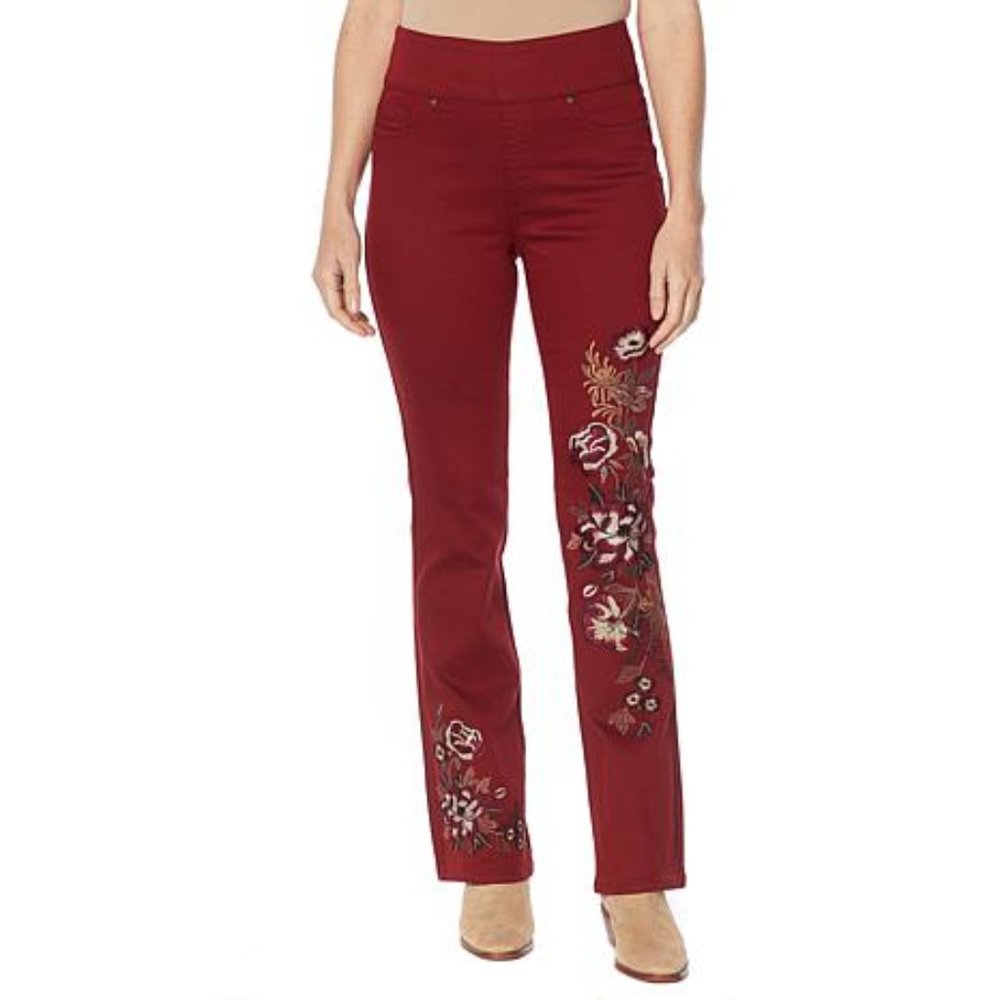 DG2 by Diane Gilman Wine Embroidered Comfort Waist Boot-Cut Jean Size: LT